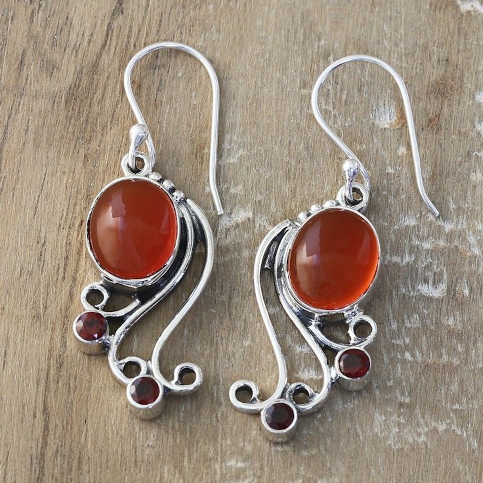 Sterling Silver Dangle Earrings with Carnelian and Garnet 'Vibrant Swirls'