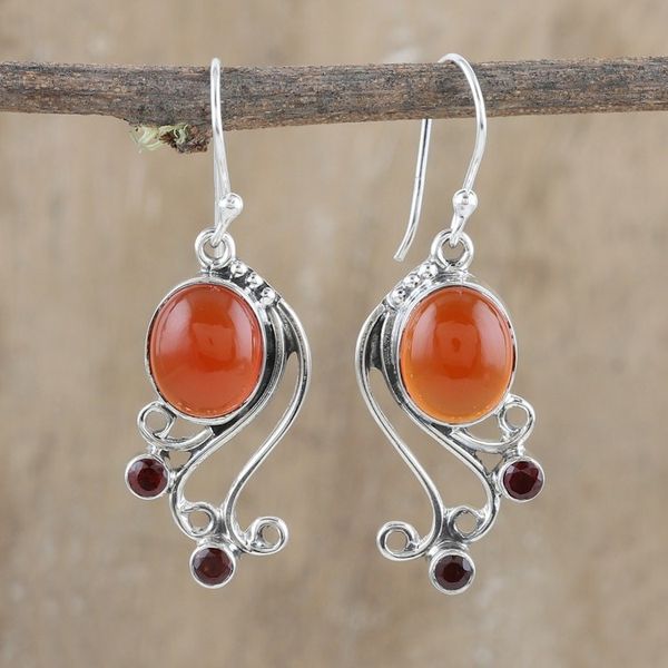 Alternate image for Sterling Silver Dangle Earrings with Carnelian and Garnet Vibrant Swirls