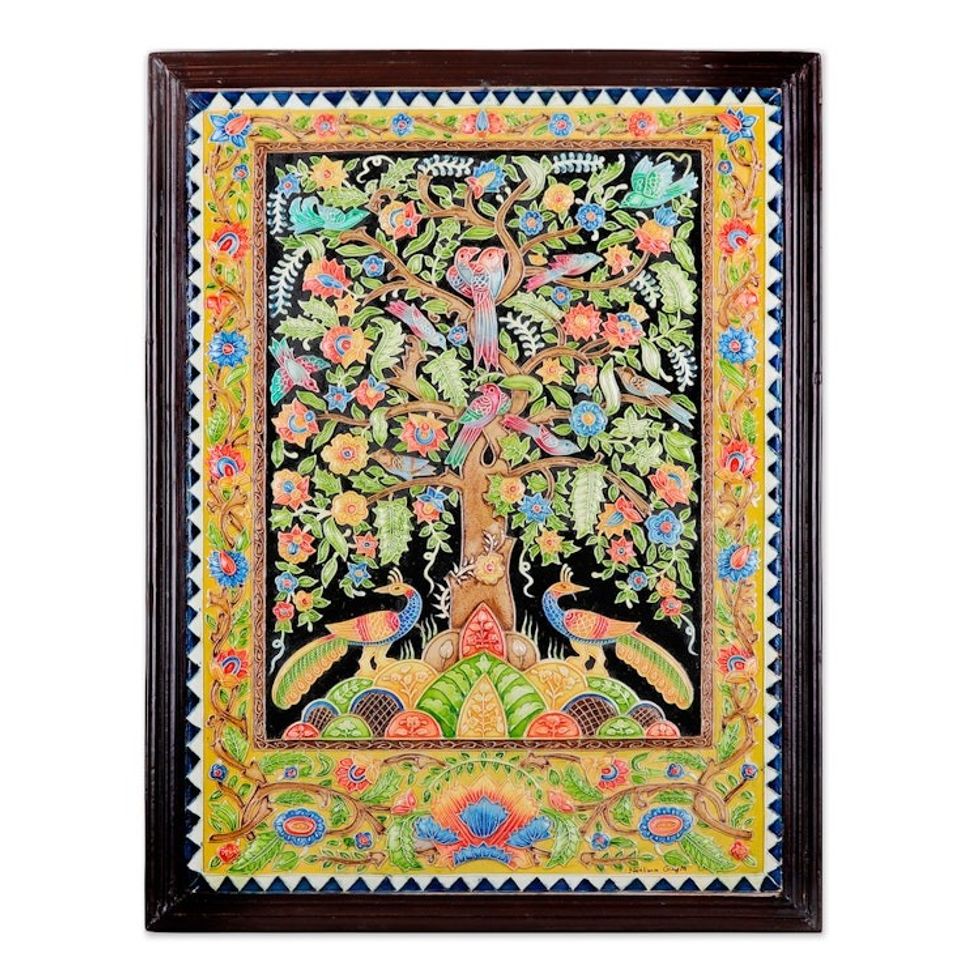 Marble Relief Wall Art with Tree of Life Motif from India 'Colorful Tree of Life'