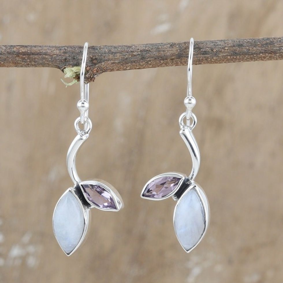 Rainbow Moonstone Amethyst and Silver Leaf Dangle Earrings 'Chic Leaf'