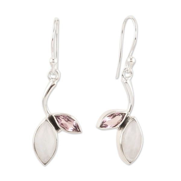 Alternate image for Rainbow Moonstone Amethyst and Silver Leaf Dangle Earrings Chic Leaf