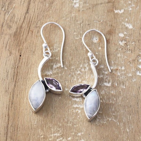 Alternate image for Rainbow Moonstone Amethyst and Silver Leaf Dangle Earrings Chic Leaf