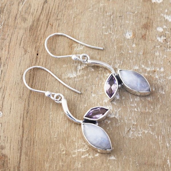 Alternate image for Rainbow Moonstone Amethyst and Silver Leaf Dangle Earrings Chic Leaf