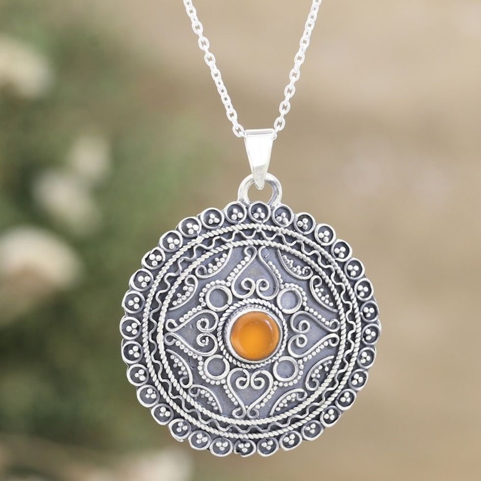Sterling Silver Pendant Necklace with Orange Onyx Stone 'Love in Orange'
