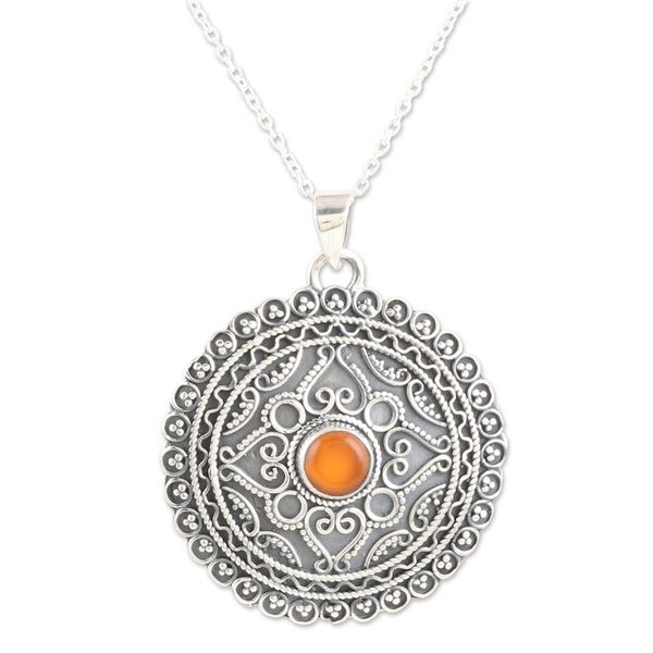 Alternate image for Sterling Silver Pendant Necklace with Orange Onyx Stone Love in Orange