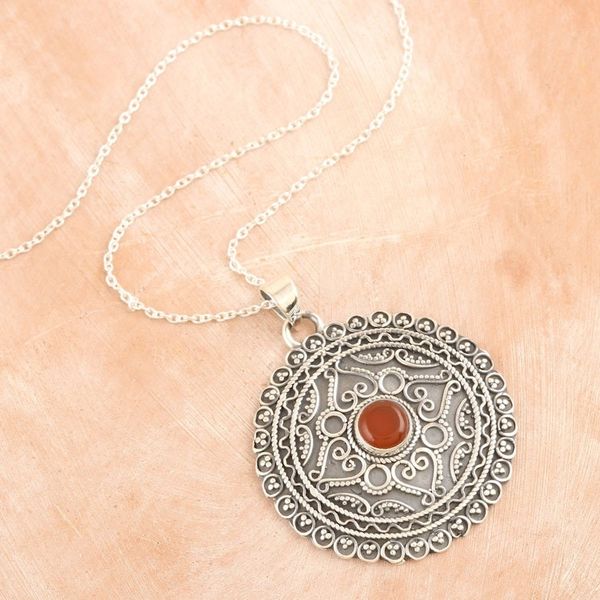 Alternate image for Sterling Silver Pendant Necklace with Orange Onyx Stone Love in Orange