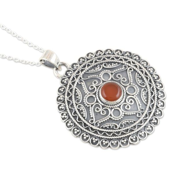 Alternate image for Sterling Silver Pendant Necklace with Orange Onyx Stone Love in Orange