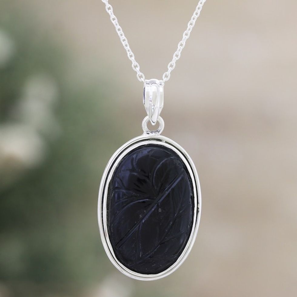 Sterling Silver Pendant Necklace with Black Onyx from India 'Leaf Rapture'