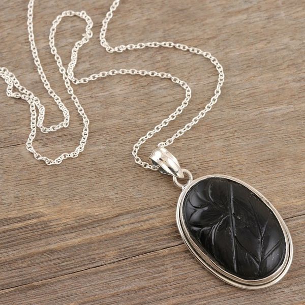 Alternate image for Sterling Silver Pendant Necklace with Black Onyx from India Leaf Rapture