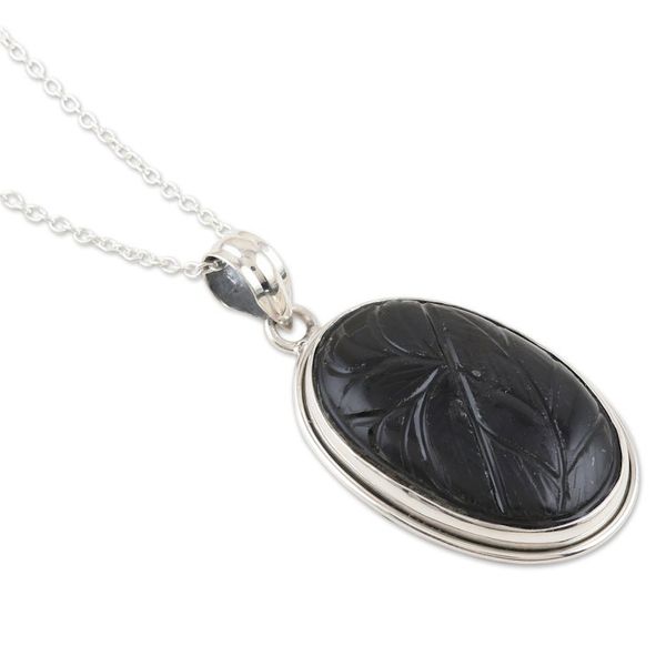 Alternate image for Sterling Silver Pendant Necklace with Black Onyx from India Leaf Rapture