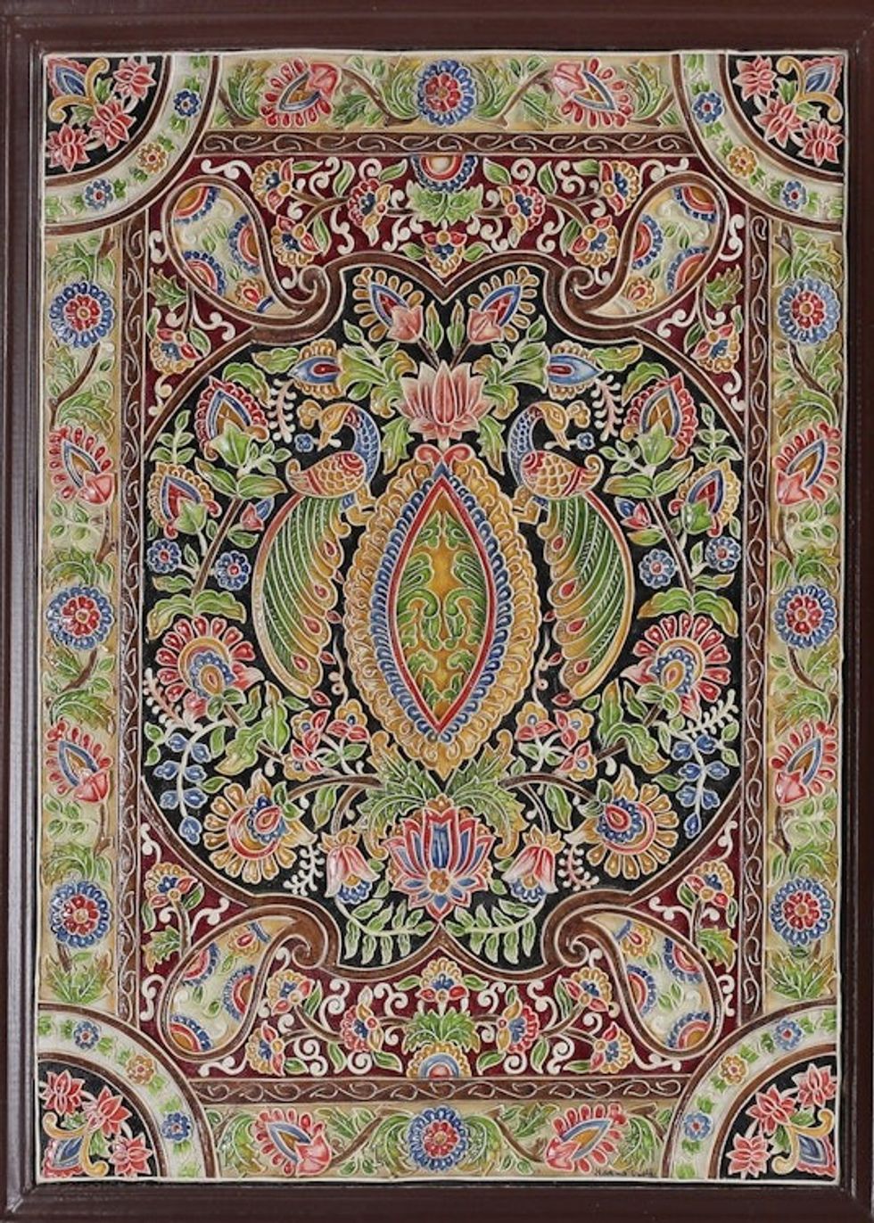 Marble Relief Wall Art with Floral Peacock Paisley Motifs 'Floral Glory'