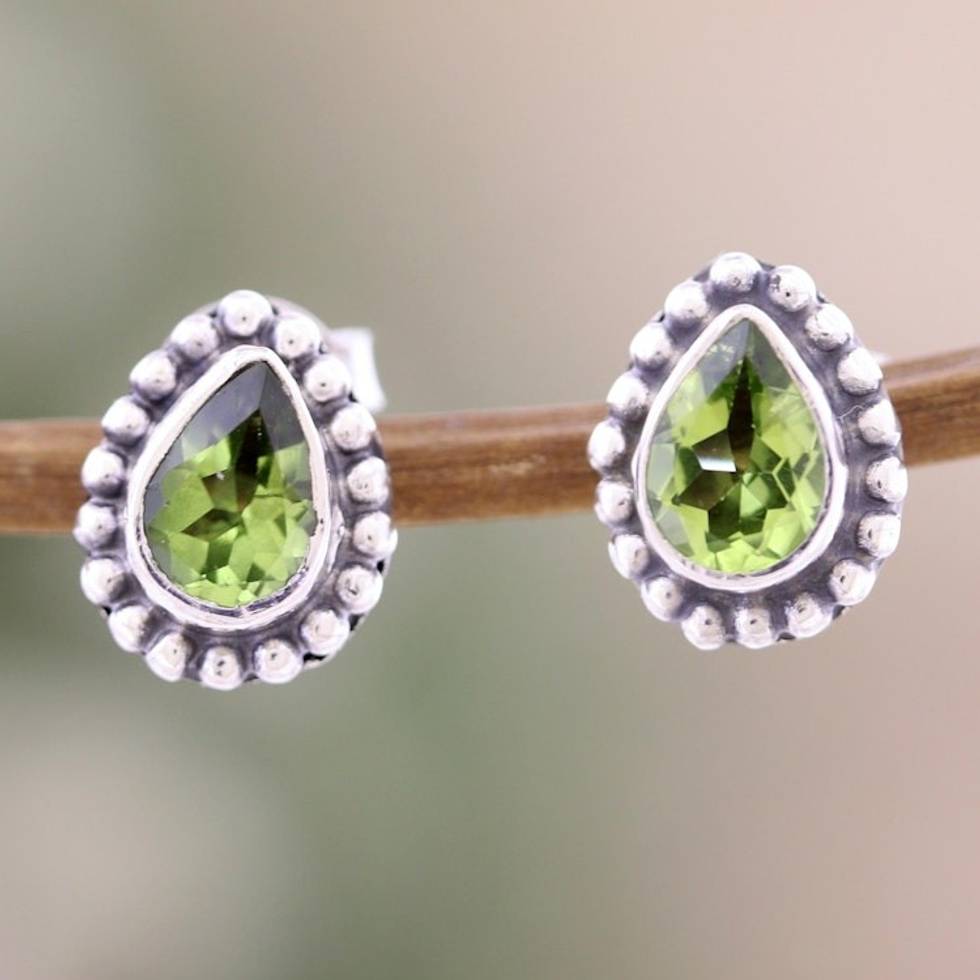 Sterling Silver Stud Earrings with Pear-Shaped Peridot Gems 'Dazzling Fortune'