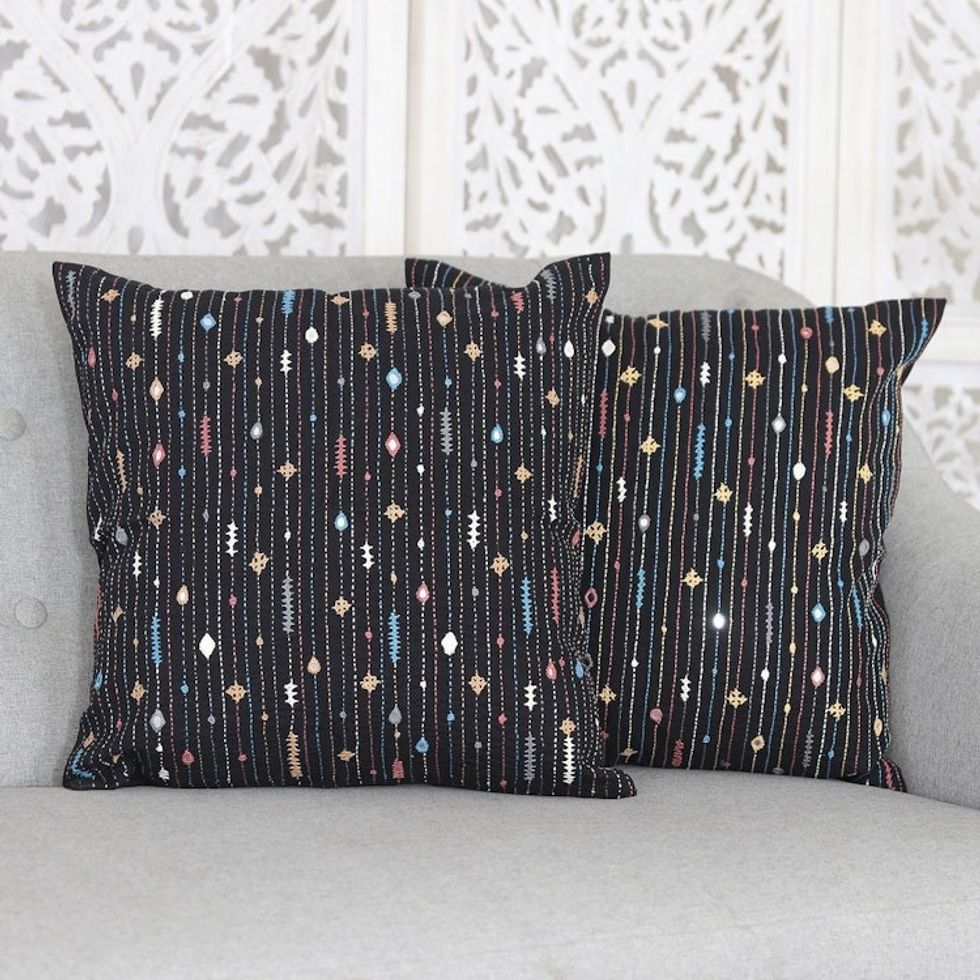 Pair of Handcrafted Black Embroidered Cotton Cushion Covers 'Little Universes'