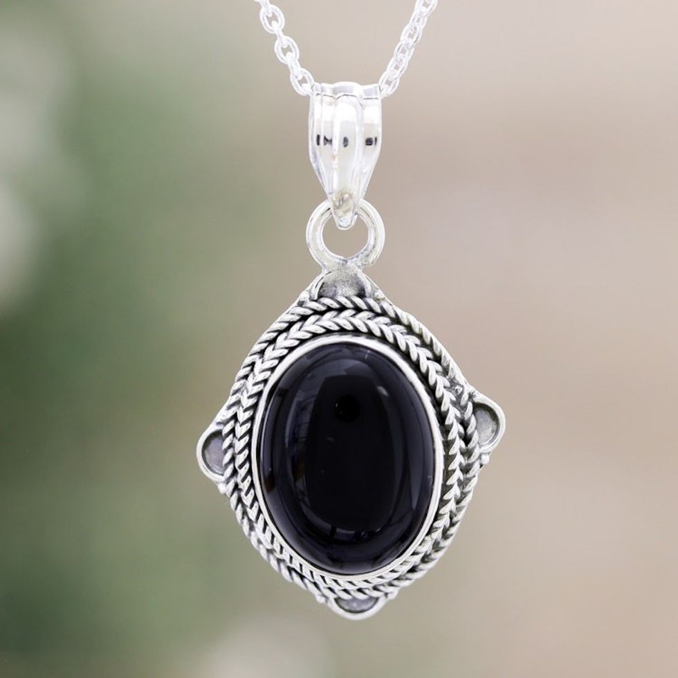 Black Onyx and Sterling Silver Pendant Necklace from India 'Nocturnal Allure'