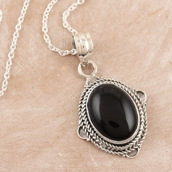 Alternate image for Black Onyx and Sterling Silver Pendant Necklace from India Nocturnal Allure