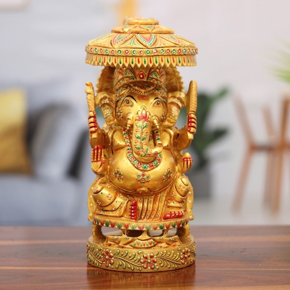 Hand-Painted Traditional Ganesha Sculpture Crafted in India 'Ganesha's Parasol'