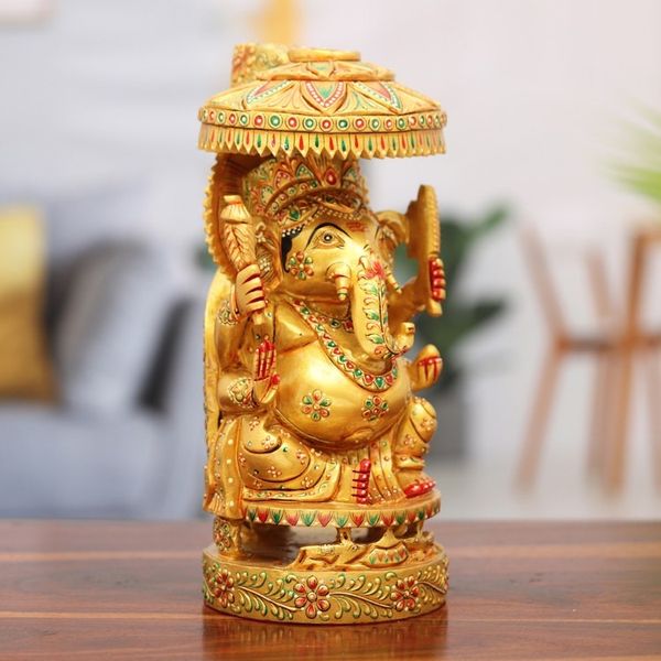 Alternate image for Hand-Painted Traditional Ganesha Sculpture Crafted in India Ganeshas Parasol
