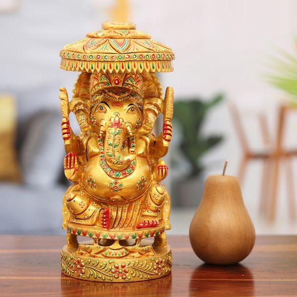 Alternate image for Hand-Painted Traditional Ganesha Sculpture Crafted in India Ganeshas Parasol