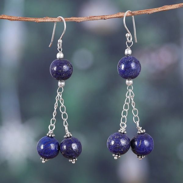 Alternate image for Sterling Silver Dangle Earrings with Lapis Lazuli Beads Dancing Intellect