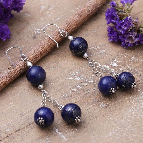 Alternate image for Sterling Silver Dangle Earrings with Lapis Lazuli Beads Dancing Intellect