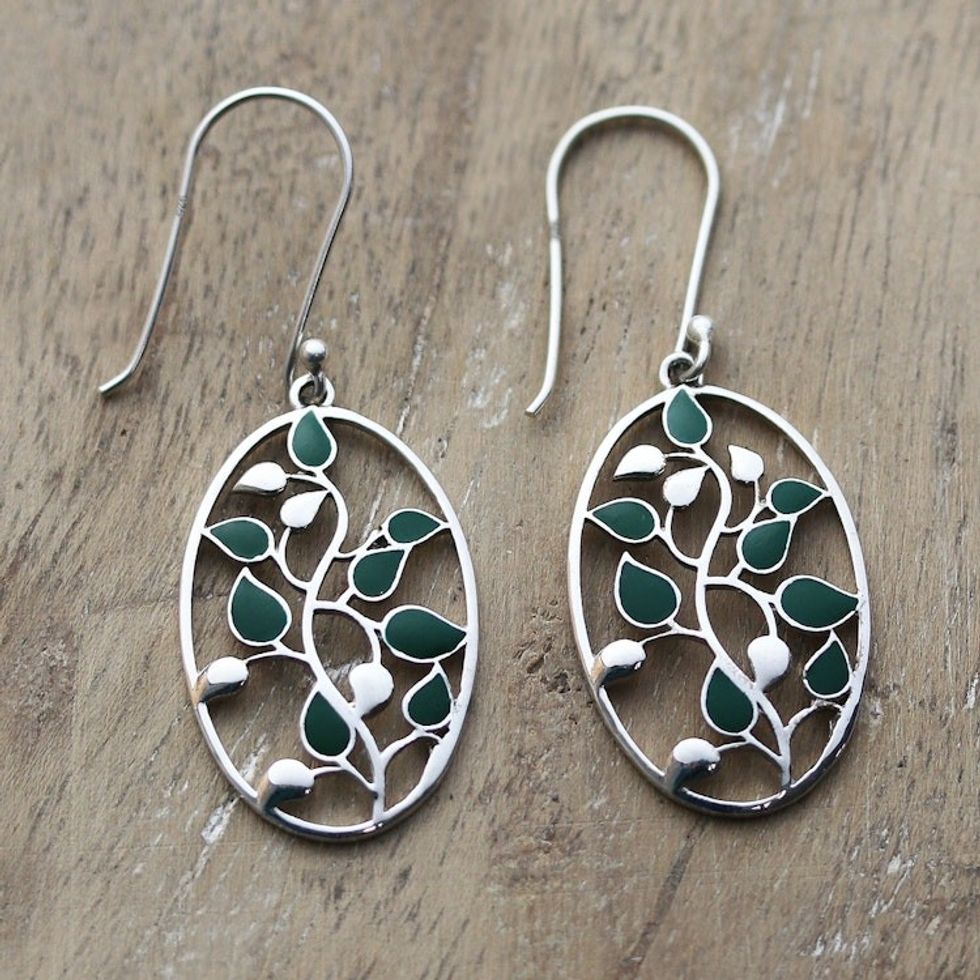 Painted Leafy Sterling Silver Dangle Earrings from India 'Leafy Glamour'