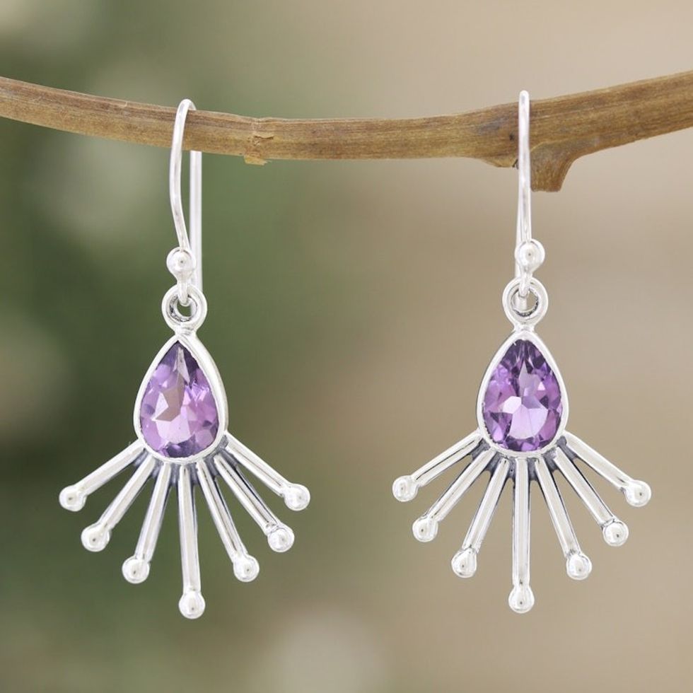 Sterling Silver Dangle Earrings with Faceted Amethyst Gems 'Crown of Wisdom'