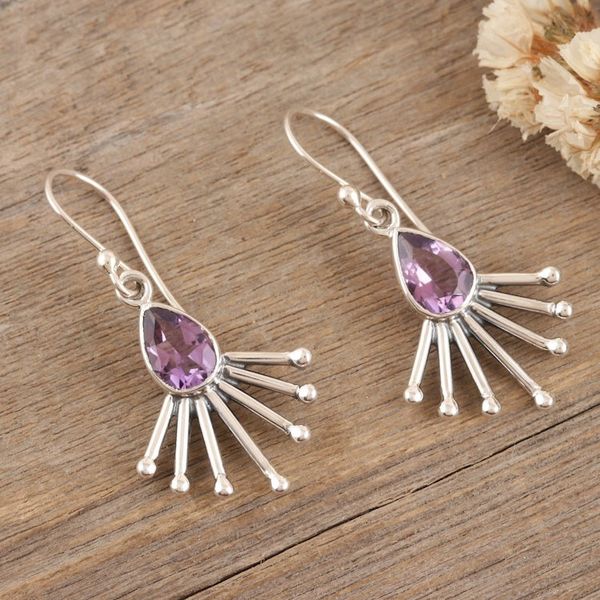Alternate image for Sterling Silver Dangle Earrings with Faceted Amethyst Gems Crown of Wisdom