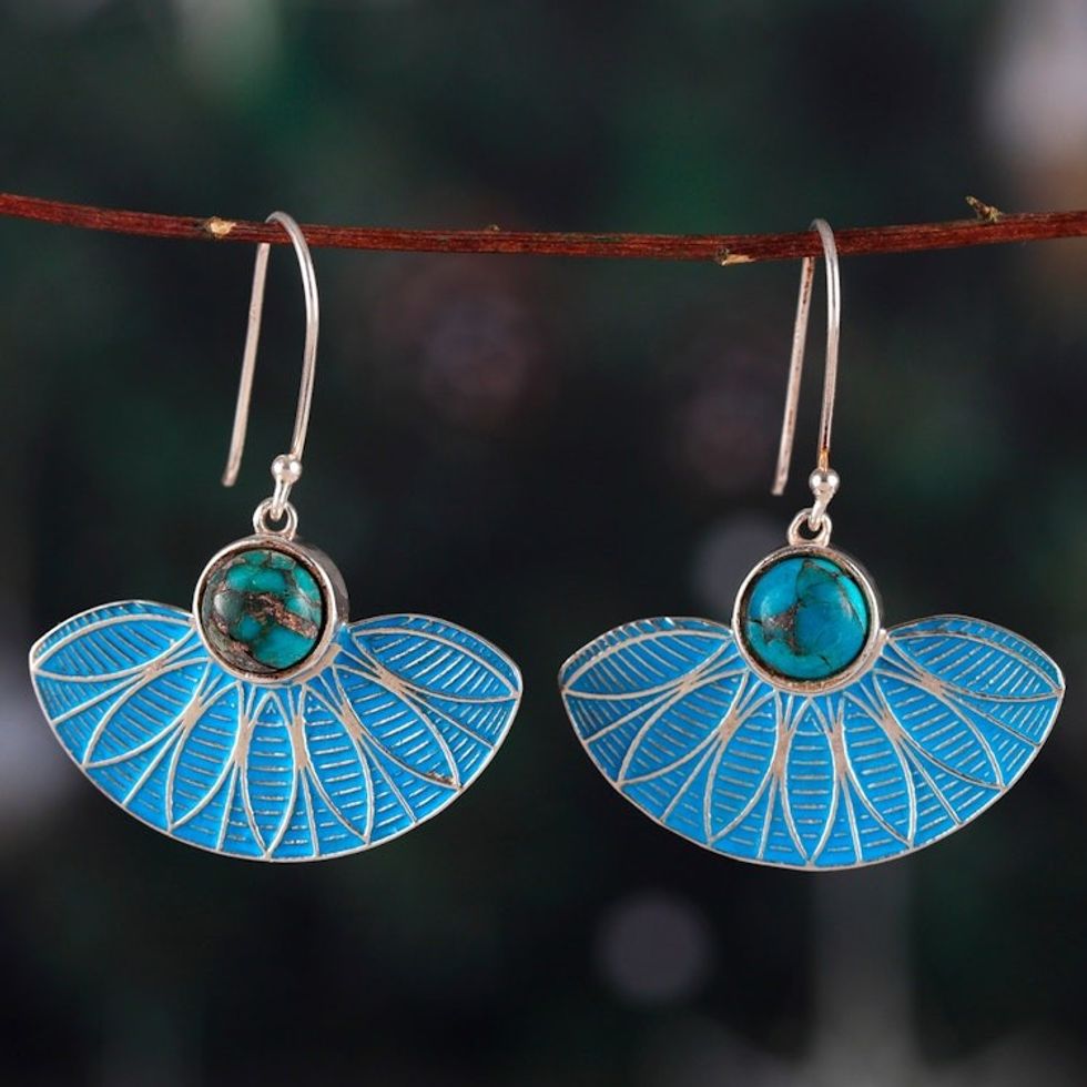 Painted Blue Dangle Earrings with Recon Turquoise Cabochons 'Blue Utopia'