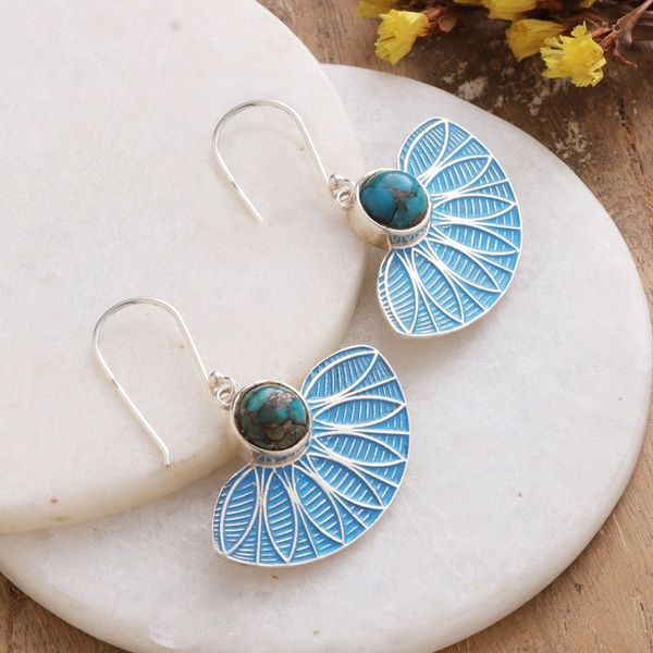 Alternate image for Painted Blue Dangle Earrings with Recon Turquoise Cabochons Blue Utopia