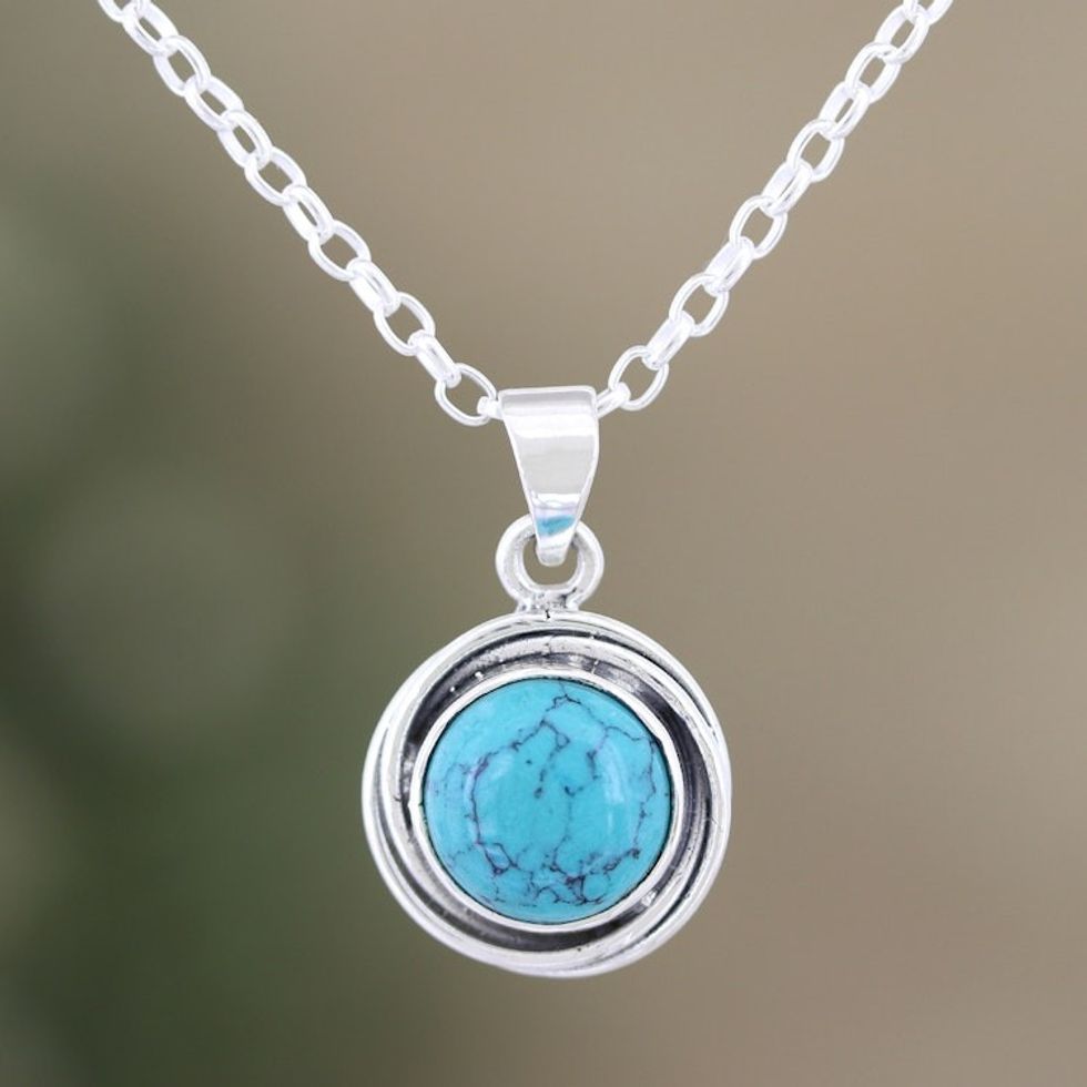 Sterling Silver Pendant Necklace with Recon Turquoise Stone 'Lagoon Soul'