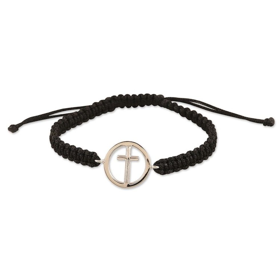 Black Macrame Bracelet with Sterling Silver Cross Symbol 'Altar to Faith'
