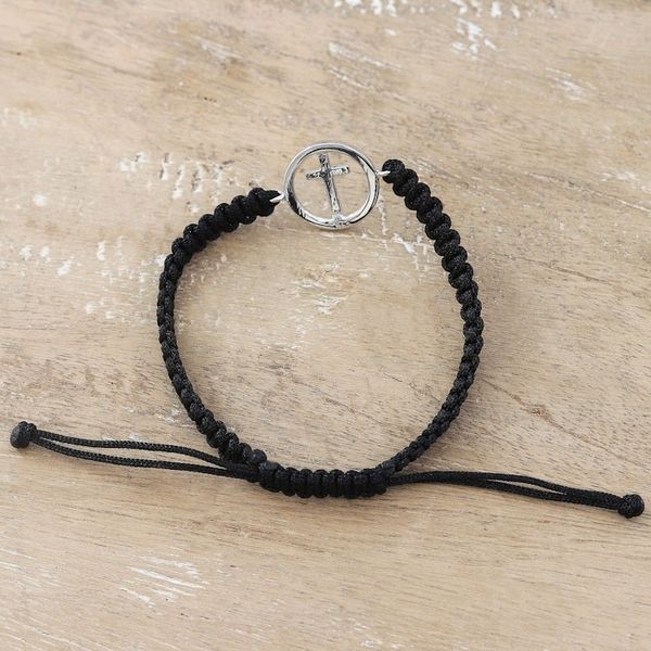 Alternate image for Black Macrame Bracelet with Sterling Silver Cross Symbol Altar to Faith