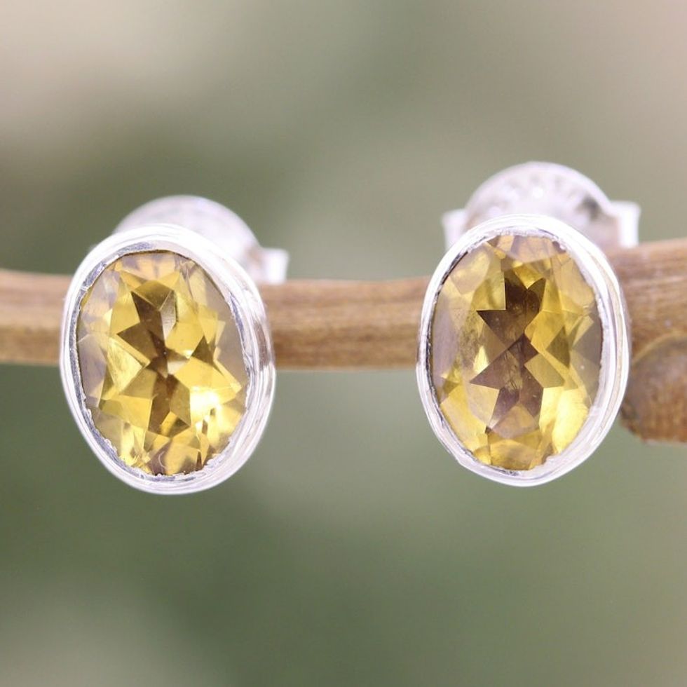 Sterling Silver Stud Earrings with Oval 3-Carat Citrine Gems 'Solar Duet'