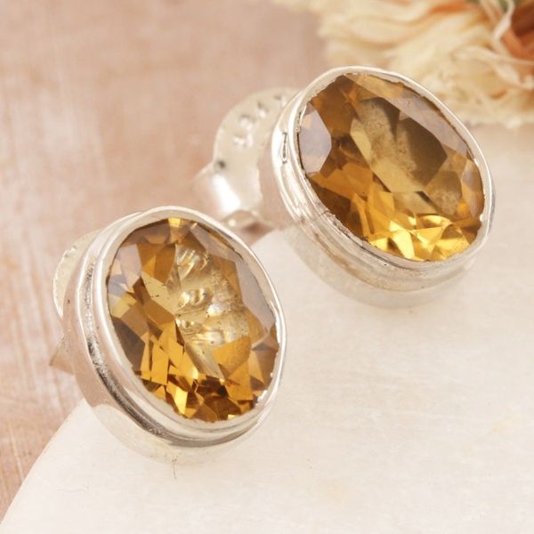 Alternate image for Sterling Silver Stud Earrings with Oval 3-Carat Citrine Gems Solar Duet