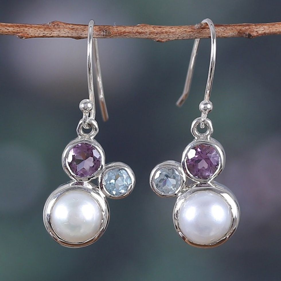 Multi-Gemstone Sterling Silver Dangle Earrings from India 'Glamorous Trio'