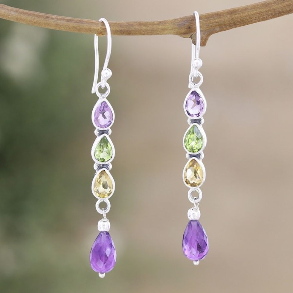 925 Silver Dangle Earrings with Amethyst Peridot and Citrine 'Perfect Mix'