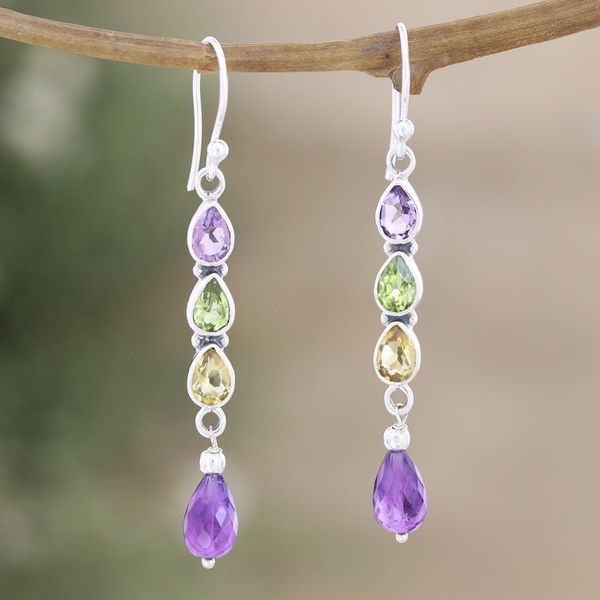 Alternate image for 925 Silver Dangle Earrings with Amethyst Peridot and Citrine Perfect Mix