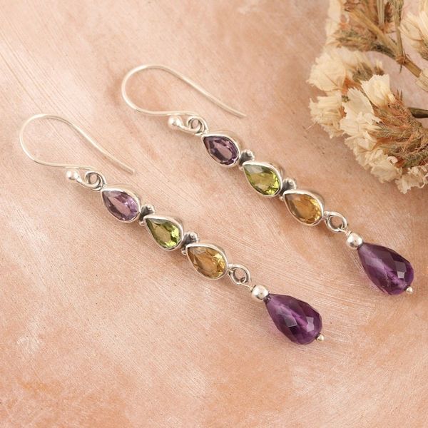 Alternate image for 925 Silver Dangle Earrings with Amethyst Peridot and Citrine Perfect Mix