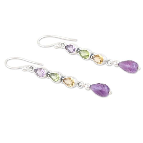 Alternate image for 925 Silver Dangle Earrings with Amethyst Peridot and Citrine Perfect Mix