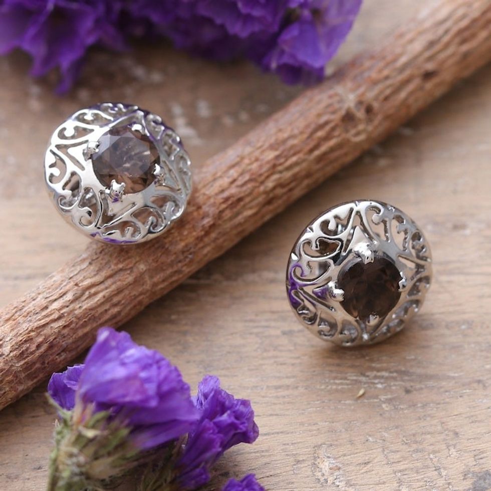 Rhodium-Plated Button Earrings with Smoky Quartz Stones 'Stability Swirls'