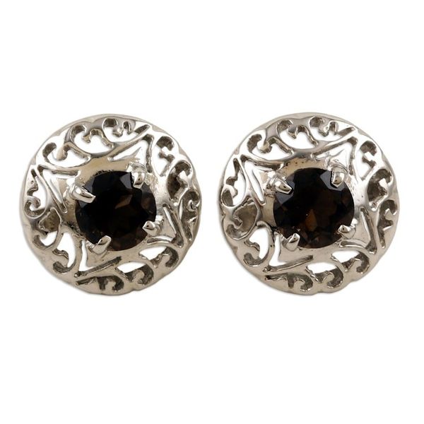 Alternate image for Rhodium-Plated Button Earrings with Smoky Quartz Stones Stability Swirls