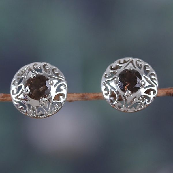 Alternate image for Rhodium-Plated Button Earrings with Smoky Quartz Stones Stability Swirls