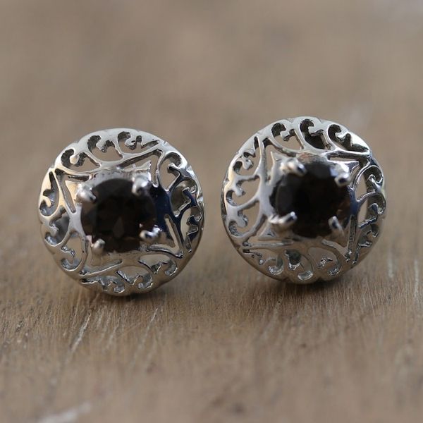 Alternate image for Rhodium-Plated Button Earrings with Smoky Quartz Stones Stability Swirls