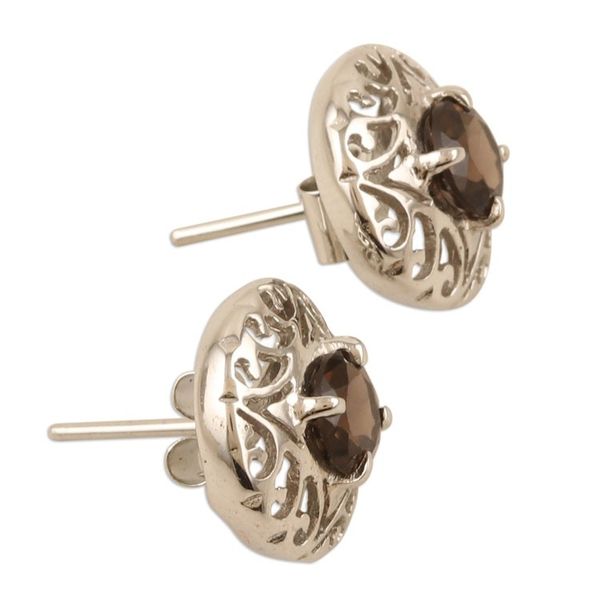 Alternate image for Rhodium-Plated Button Earrings with Smoky Quartz Stones Stability Swirls