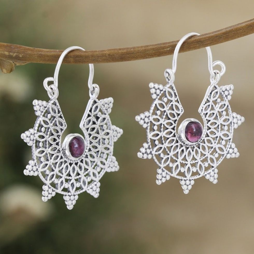 Sterling Silver Hoop Earrings with Garnets and Jali Accents 'Floral Wheel'