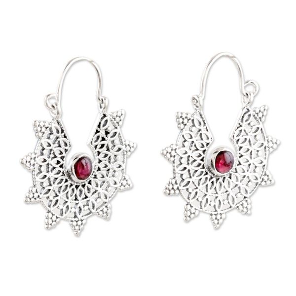 Alternate image for Sterling Silver Hoop Earrings with Garnets and Jali Accents Floral Wheel