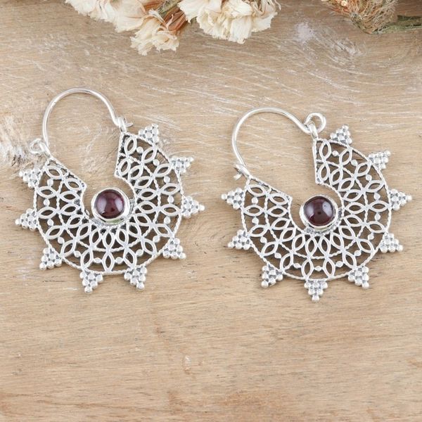 Alternate image for Sterling Silver Hoop Earrings with Garnets and Jali Accents Floral Wheel