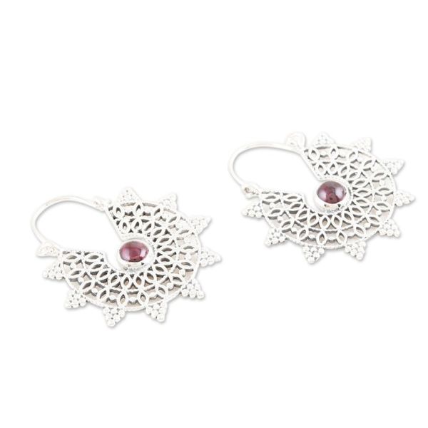 Alternate image for Sterling Silver Hoop Earrings with Garnets and Jali Accents Floral Wheel