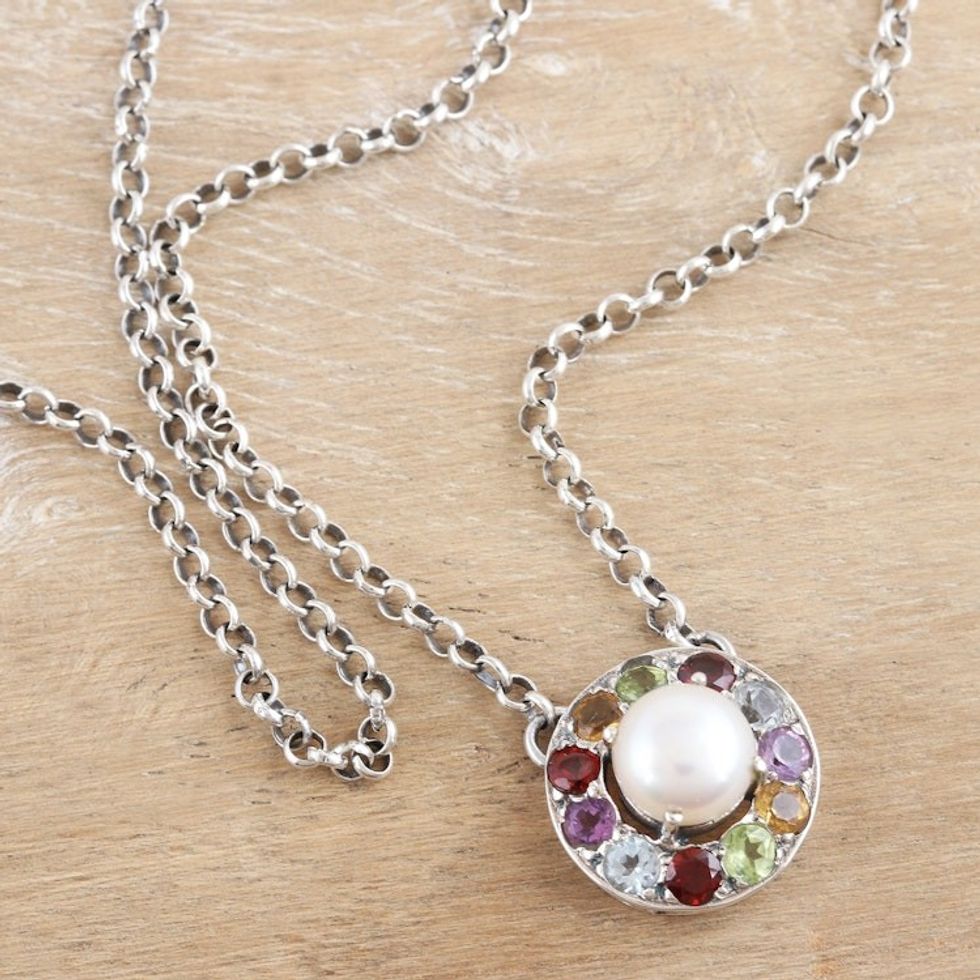 Faceted Multi-Gemstone Pendant Necklace Crafted in India 'Ocean Flora'