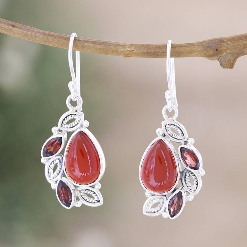 Sterling Silver Dangle Earrings with Carnelian and Garnet 'Passion Sighs'